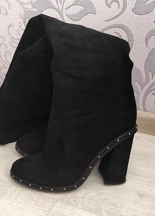 Ботфорты ботинки черные замша высокие каблуки