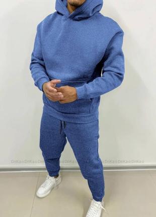 Спортивний костюм чоловічий весняний зимовий на весну теплий базовий демісезонний сірий синій на флісі флісовий батал з капюшоном4 фото