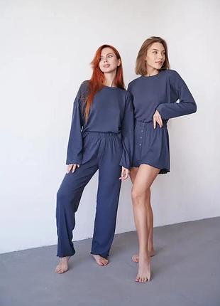 Комплект тройка: кофта, шорты и штаны, пижама в рубчик женская, купить женскую пижаму, пижамы,