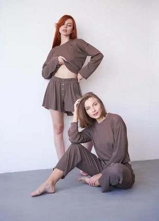Комплект тройка: кофта, шорты и штаны, пижама в рубчик женская, купить женскую пижаму, пижамы,