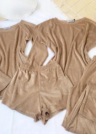 Женский велюровый комплект штаны, шорты, халат, майка женская пижама, зимняя, на зиму четвёрка 4