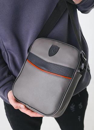 Мессенджер кожаный ferrari серая, мессенджер ферари, брендовая барсетка, барсетка кожаная, барсетка на плечо,