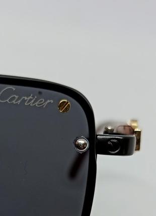 Очки в стиле cartier мужские солнцезащитные черные в металлической оправе дужки коричневые10 фото