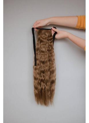 Кудрявый темно русый накладной хвост на лентах