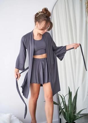 Женский из трикотаж комплект халат шорты и майка, шорты и майка шелковая пижама женская пижама, пижамы женские