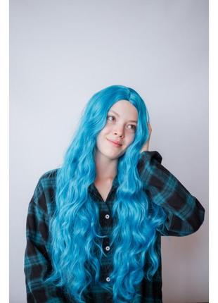 Светло синий длинный волнистый парик без челки
