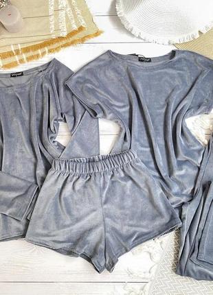 Женский велюровый комплект штаны, шорты, халат, майка женская пижама, зимняя, на зиму четвёрка 42 фото