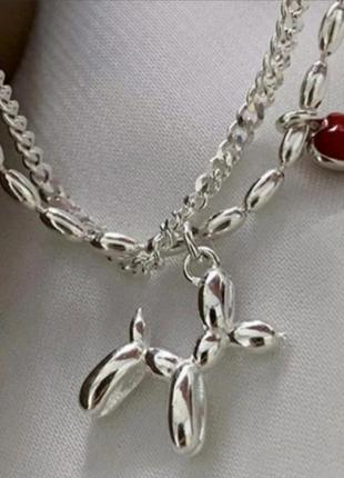 Браслет серебро посеребрение 925 проба двойной браслет с сердцем и собакой