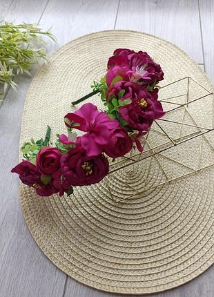 Обруч віночок з квітами під вишиванку обідок малиновий на голову