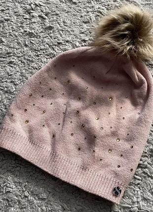 Стильная, пудровая, хлопковая шапка с помпоном