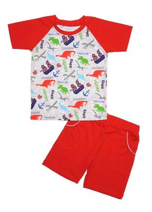 Комплект для мальчика, футболка и шорты, красный. динозавры.