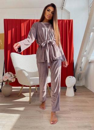 Жіноча тепла велюрова піжама, домашній костюм, комплект трійка велюр8 фото