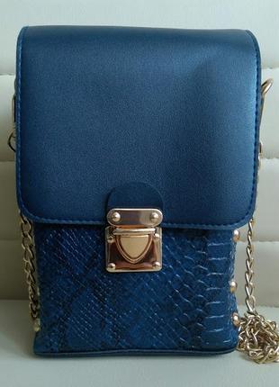 Стильні жіночі сумки, клатчі на ланцюжку з принтом пітон, синя, є різні1 фото