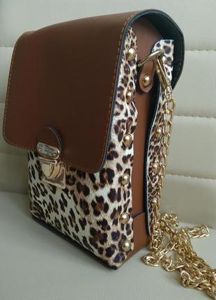 Стильные женские сумки, клатчи на цепочке с принтом леопард, коричневая, есть разные1 фото