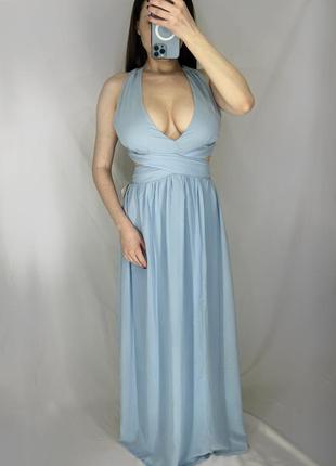 Голубое вечернее платье с открытой спинкой длинное м - l4 фото