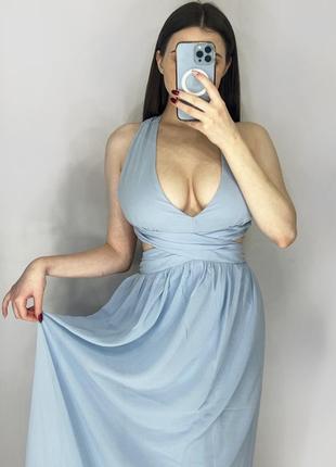 Голубое вечернее платье с открытой спинкой длинное м - l6 фото