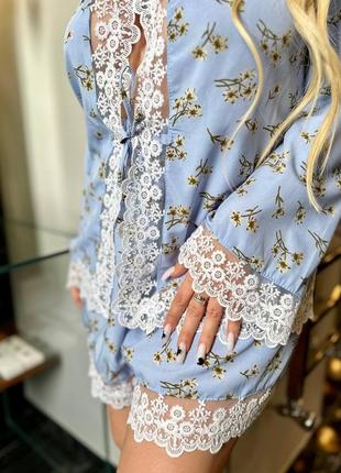 Аристократична жіноча піжама батал комплект блуза і шорти з мереживом елегантний2 фото
