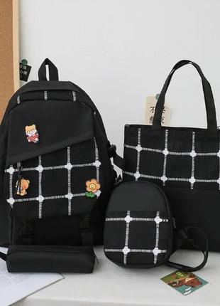 Жіночий рюкзак комплект в чорному кольорі пенал сумка брелок значки дитячий набір