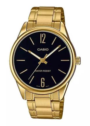 Мужские часы casio mtp-v005g-1b, черные с золотым браслетом
