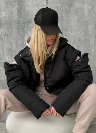 Топовая куртка - жилетка трансформер стильная объемная на силиконе теплая со земными рукавами демисезонная