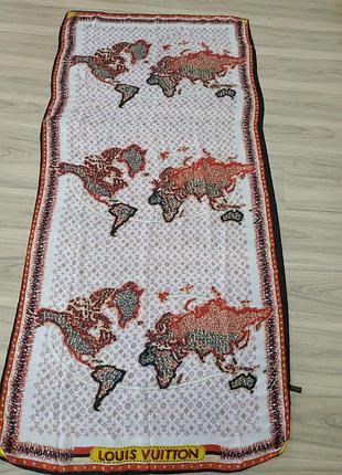 Шикарный шелковый шарф палантин louis vuitton с картой мира оригинал