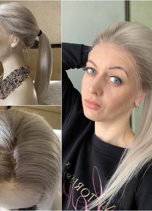 Система замещения волос/ парик натуральный на сетке с имитацией кожи, платиновый блонд с затемнённым корнем