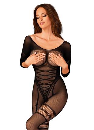 Сітчастий бодістокінг з імітацією підв’язок obsessive bodystocking g329, black, з доступом