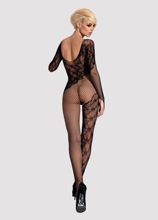 Бодистокинг obsessive bodystocking f210 s/m/l black, рукава-митенки, сетка, цветное кружево3 фото