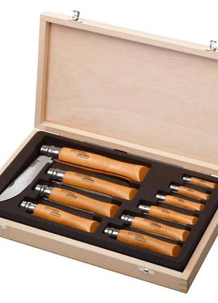 Универсальный набор ножей 10 штук в деревянной коробке opinel "no.02 - 12" (183104/183102) углеродистая сталь