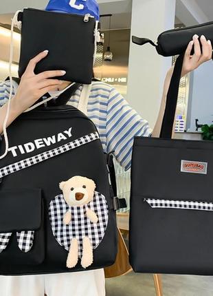 Жіночий дитячий шкільний рюкзак 4 в 1 з брелоком ведмедиком та значками в комплекті1 фото