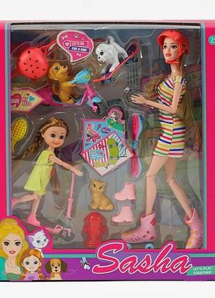Лялька саша на роликах з донечкою на самокаті,3 фігурки тварин,шоломи 51810