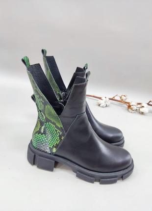 Ботинки из натуральной кожи черная и зеленая змея4 фото