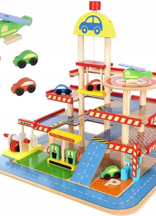Детский гаражный набор парковка, деревянный гараж, лифт, большая трасса, автомойка kruzzel (22446)