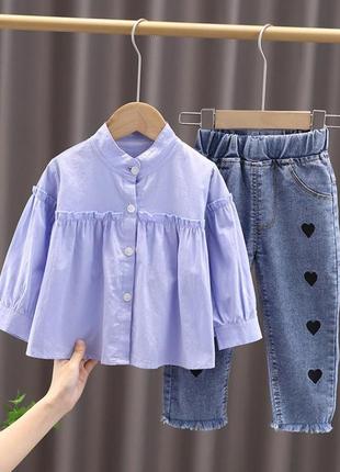 Детский комплект джинсы мом с сердечками и бахромой +рубашка1 фото