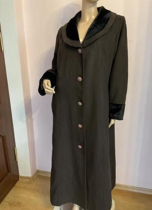 Длинное коричневое пальто с искусственным мехом/l/brend hakko турция2 фото