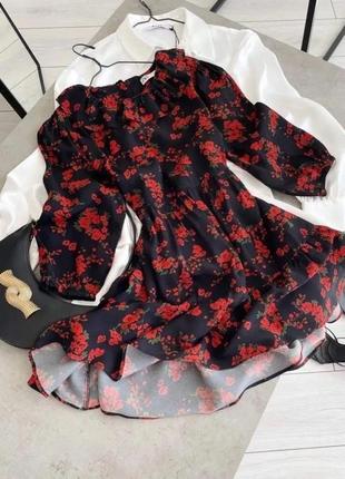 Трендовое платье в цветочный принт красные маки zara1 фото