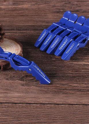 Парикмахерский зажим крокодил набор 6 шт синий с логотипом toni&guy