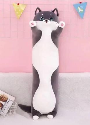 Мягкая игрушка подушка длинный кот батон антистресс темно-серый 70см