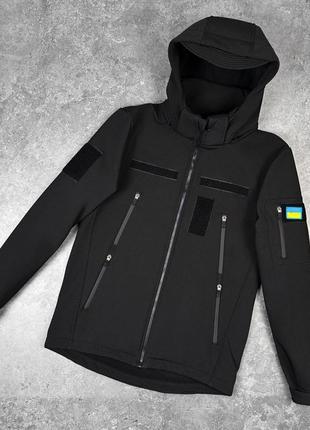 Куртка мужская softshell тактическая весенняя осенняя на флисе motiv черная ветровка софтшелл с капюшоном1 фото