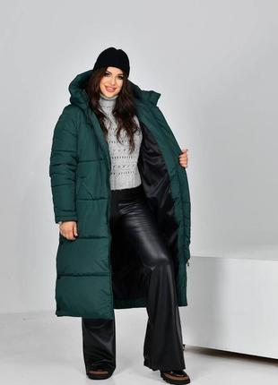 Куртка свободного кроя на молнии с капюшоном длинная пальто плащевка на силиконе курточка теплая стильная базовая черная бежевая зеленая3 фото