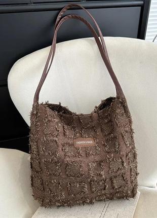 Стильний коричневий текстильний шопер жіноча сумка на плече1 фото