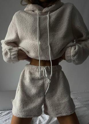 Махровая пижама тедди худи оверсайз укороченный шорты мини комплект белая зеленая бежевая коричневая плюшевая теплая для сна для дома