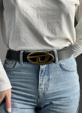 Ремень diesel slim glittery belt with oval d buckle gold черный женский / мужской на подарок2 фото
