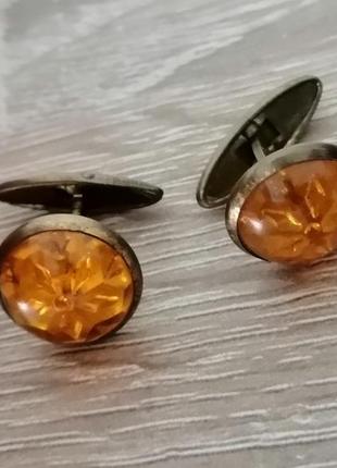 Запонки ссер під бурштин вінтаж