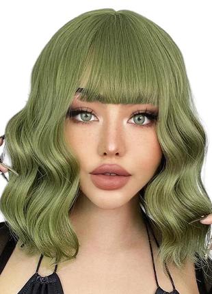 Парик зеленый волнистый, натуральные синтетические волосы