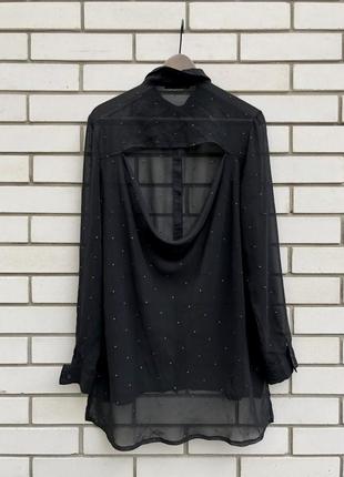 Шифоновая прозрачная, черная, удлиненная по спинке рубашка,блуза с открытой спиной5 фото