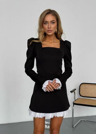 Трендовое платье черная с белыми вставками и кружкой1 фото