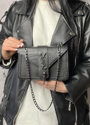 Женская кожаная сумка yves saint laurent черная сумочка на цепочке ysl reptile в подарочной упаковке8 фото