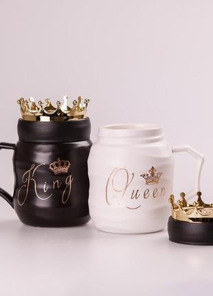 Набор керамических чашек queen & king 450мл с крышкой 2 штуки чашка с крышкой3 фото