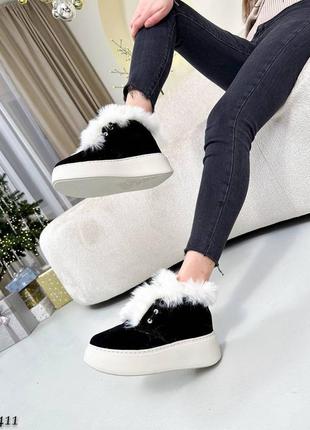 Распродажа натуральные замшевые зимние черные лоферы - ботинки с мехом на высокой подошве 38р.6 фото